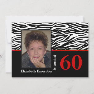 Svartvit rött zebra tryck 60-årsfoto inbjudningar