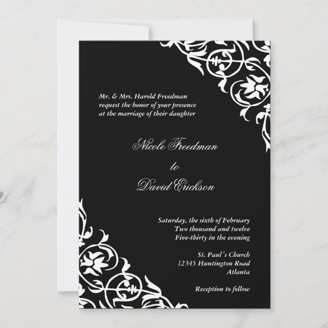 Svartvit rulla, skript elegant bröllop inbjudningar (Framsida)