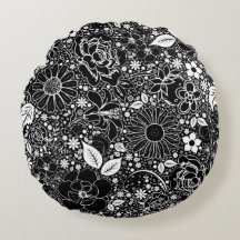 Svartvit runda Dekorativ kudde i Botaniska Beautie
