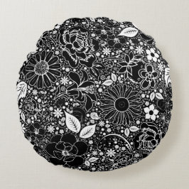 Svartvit runda Dekorativ kudde i Botaniska Beautie