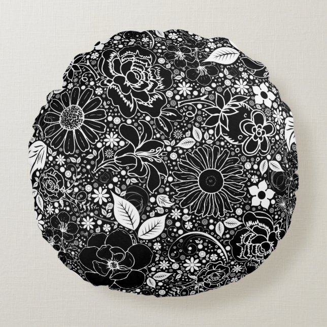 Svartvit runda Dekorativ kudde i Botaniska Beautie (Framsidan)