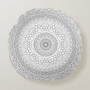 Svartvit runda Mandala v3 Rund Kudde