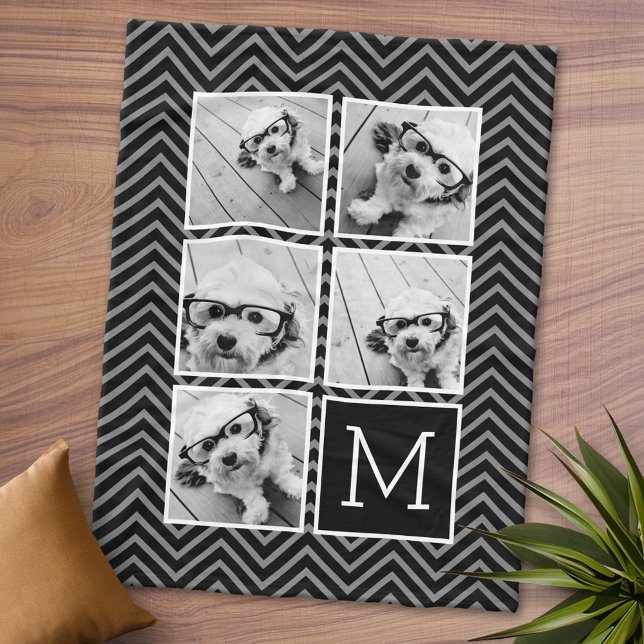 Svartvit ruta 5, fotokollage Monogram Fleecefilt (Personalized Fleece Blanket - Add Photos and Text or Customize completely in advanced design area)