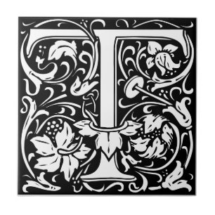 Svartvit ruta brev T art nouveau Kakelplatta
