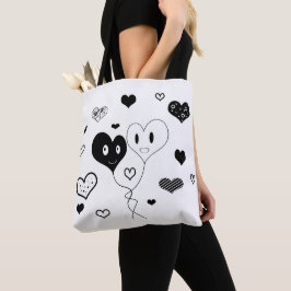 Svartvit, rutthjärtan och ballonger, bläck tygkasse