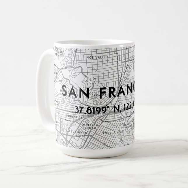 Svartvit San Francisco Karta Anpassningsbar Coordi Kaffemugg (Framsida vänster)