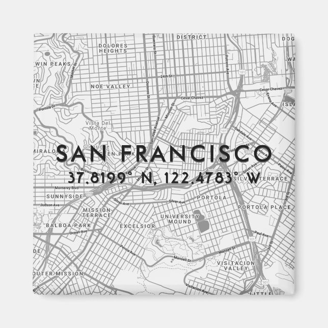 Svartvit San Francisco Karta Anpassningsbar Coordi Magnet (Framsidan)
