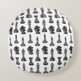 Svartvit schack Figurer Linocut Rund Kudde