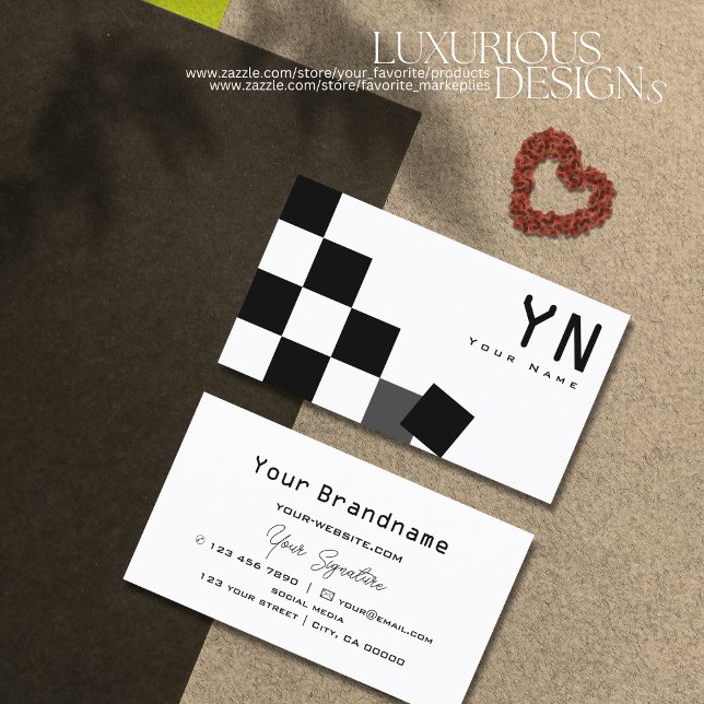 Svartvit schackbräde med Monogram Modern Visitkort (Skapare uppladdad)