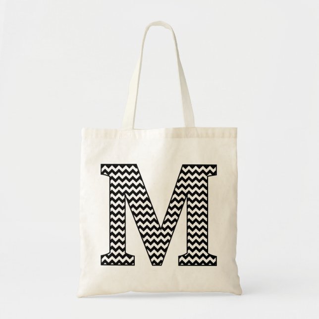 Svartvit schevron "M" Monogram Tote Bag Tygkasse (Framsidan)
