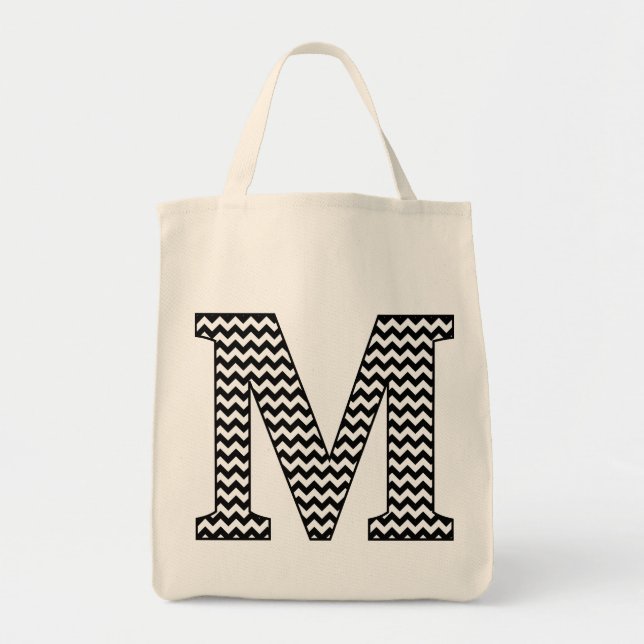 Svartvit schevron "M" Monogram Tote Bag Tygkasse (Framsidan)