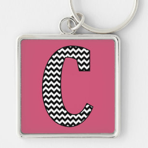 Svartvit schvron "C", monogram fyrkantig nyckelked Silverfärgad Nyckelring