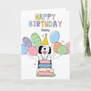 Svartvit Sheepadoodle Hund Grattis på födelsedagen Kort