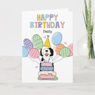Svartvit Sheepadoodle Hund Grattis på födelsedagen Kort