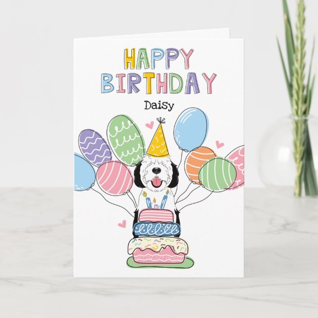 Svartvit Sheepadoodle Hund Grattis på födelsedagen Kort (Framsida)