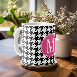 Svartvit Shock rosa Houndstooth Mönster Monogram Kaffemugg