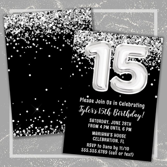 Svartvit Silver 15:e Födelsedagsfesten Inbjudningar (Black and White 15th Birthday Party Invitation)