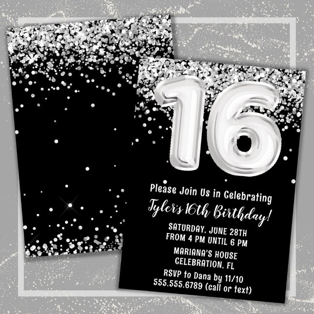 Svartvit Silver 16:e Födelsedagsfesten Inbjudningar (Black and White 16th Birthday Party Invitation)