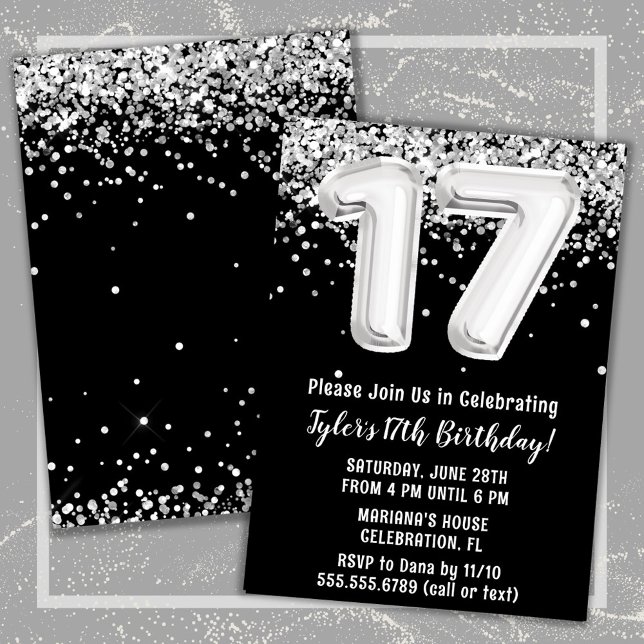 Svartvit Silver 17:e Födelsedagsfesten Inbjudningar (Black and White 17th Birthday Party Invitation)
