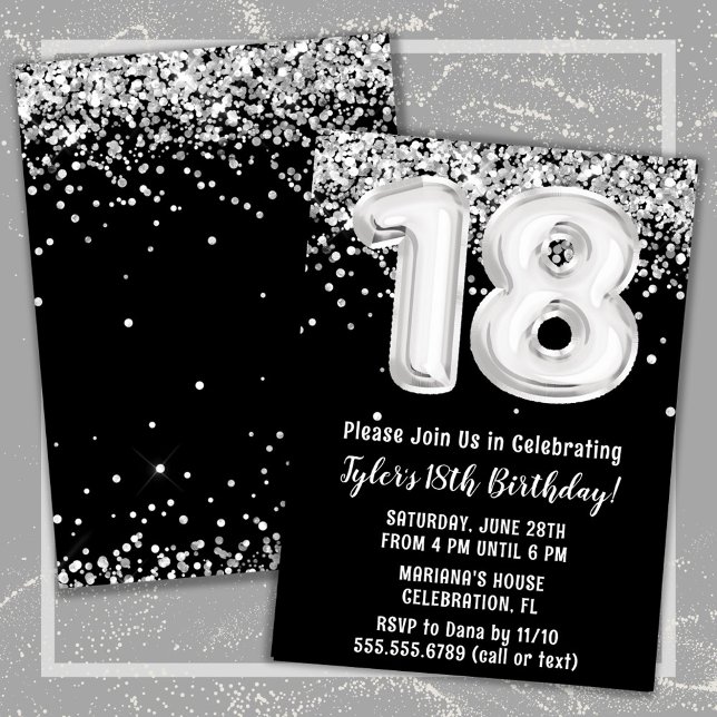 Svartvit Silver 18:e Födelsedagsfesten Inbjudningar (Black and White 18th Birthday Party Invitation)