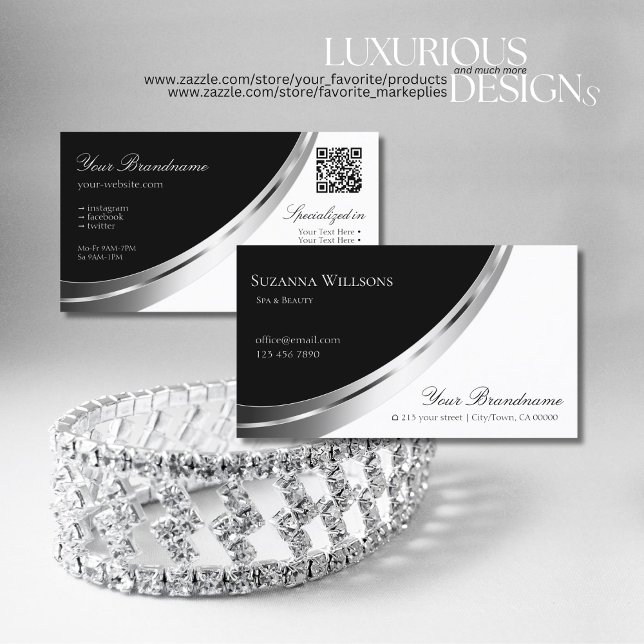 Svartvit Silver-dekor med modern QR-kod Visitkort (Skapare uppladdad)