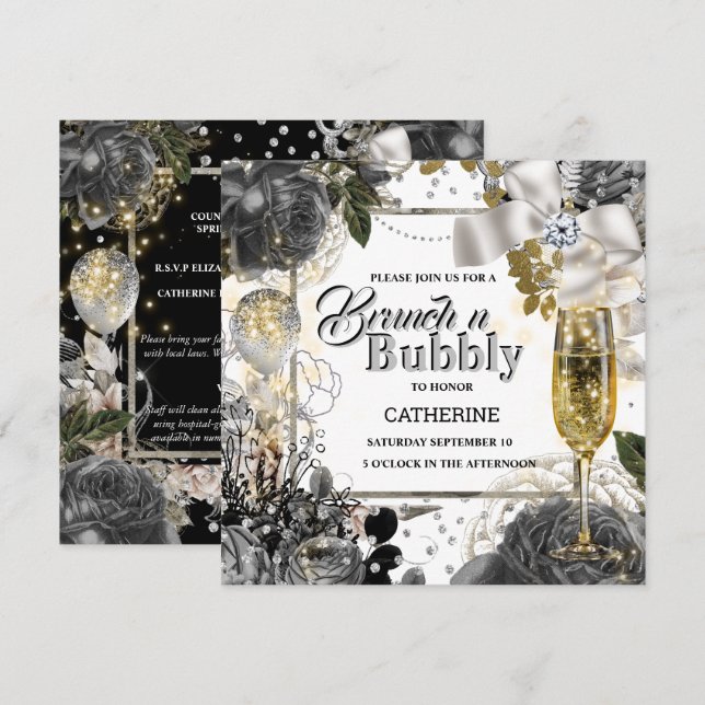 Svartvit silver ro shabby chic bubblande glitter inbjudningar (Fram/baksida)