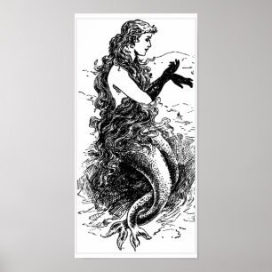 Svartvit sjöjungfruaffisch för vintage poster