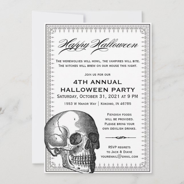 Svartvit skallevintageHalloween inbjudan (Framsida)