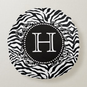 Svartvit skraj zebra mönstrad Monogram Rund Kudde