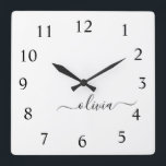 Svartvit skrift Monogram Girly Namn Fyrkantig Klocka<br><div class="desc">Vit och svart skript,  Monogram Namn Clock. Det gör perfekten söt 16-årsjubileum,  bröllop,  möhippa,  årsdag,  babydusch eller bachelorette-fest för någon som glam lyxen och chic stilar i kärlek.</div>
