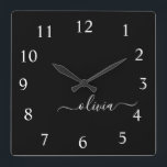 Svartvit skrift Monogram Girly Namn Fyrkantig Klocka<br><div class="desc">Vit och svart Namn-klocka i Monogram. Det gör perfekten söt 16-årsjubileum,  bröllop,  möhippa,  årsdag,  babydusch eller bachelorette-fest för någon som glam lyxen och chic stilar i kärlek.</div>