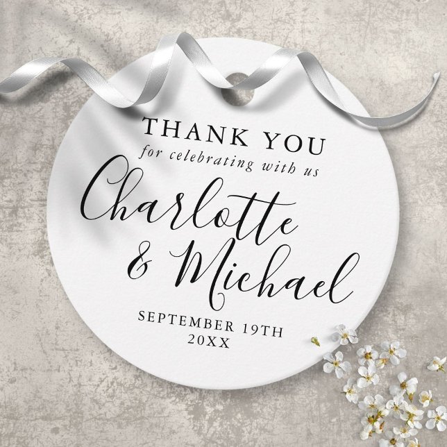 Svartvit skript Bröllop Tack Gåvor Etiketter (Black And White Script Wedding Thank You Favor Tags)