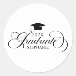 Svartvit skripttypografi för student Elegant Runt Klistermärke