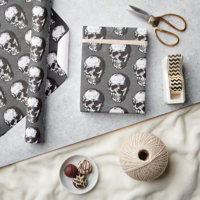 Svartvit Skull Mönster Halloween Wrapping P Presentpapper (Hantverk)