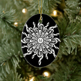 Svartvit snöflake Musik noter Monogram Julgransprydnad Keramik