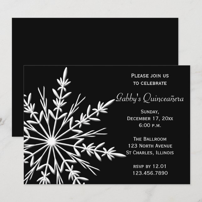 Svartvit snöflake Winter Quinceañera Inbjudningar (Fram/baksida)