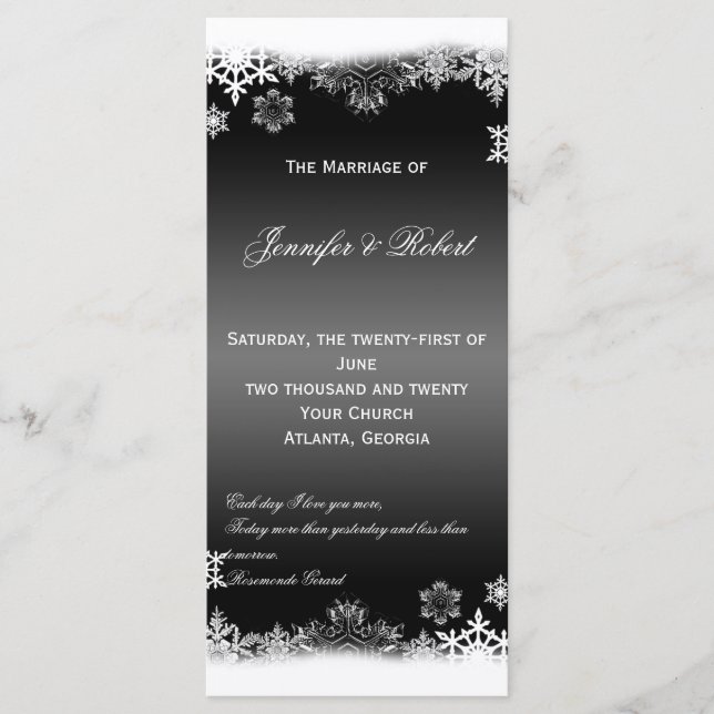 Svartvit Snöflingor Bröllopsprogram Program (Framsida)