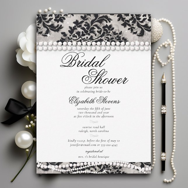 Svartvit Snöre Pearls Damask-Möhippa Inbjudningar (lace and pearls bridal shower invitation black white damask elegant formal modern classic)
