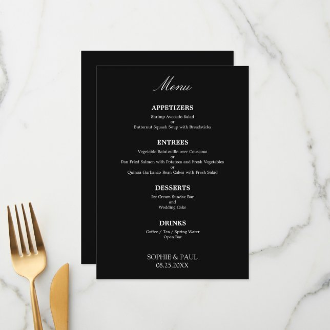 Svartvit Snyggt Elegant bröllop Menu Meny (Fram/Back In Situ)
