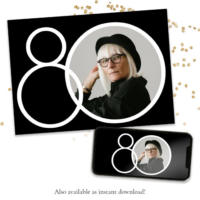 Svartvit Snyggt - minimalistisk foto 80:e födelsed Inbjudningar (Black White 80th Birthday Stylish Minimalist Photo Invitation)