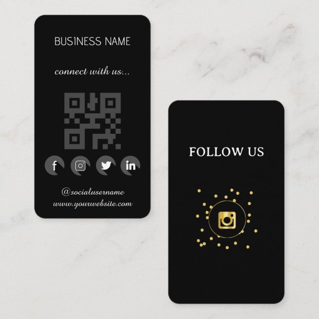 Svartvit - Social Media QR-Affärskort, QR-kod Visitkort (Fram/baksida)