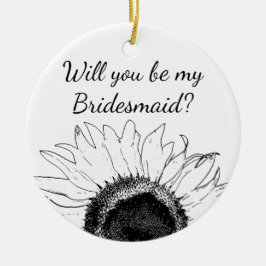 Svartvit solrosblomma blir du min bridesmaid julgransprydnad keramik