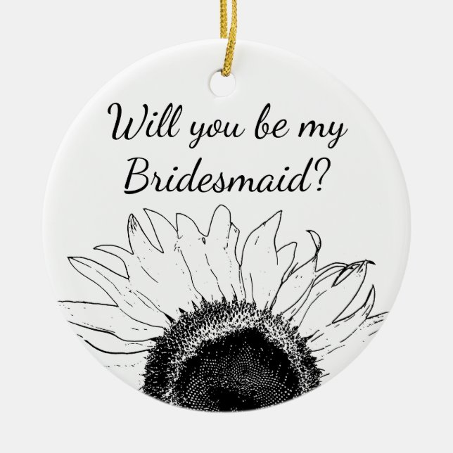 Svartvit solrosblomma blir du min bridesmaid julgransprydnad keramik (Framsidan)