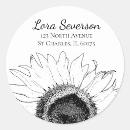 Svartvit solrosReturadress Runt Klistermärke