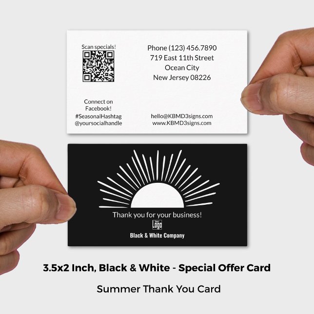 Svartvit sommarsäsong Sol Tack Visitkort (3.5x2 Inch, Black & White Summer Sun Season Thank You Business Card)