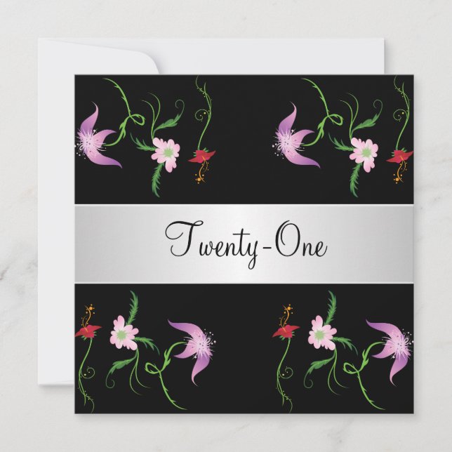Svartvit Söt Blommor 21:a födelsedag Party Inbjudningar (Framsida)