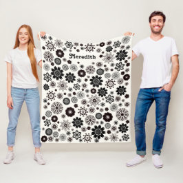 Svartvit Söt Blommor Boho Lägg till ditt namn Fleecefilt