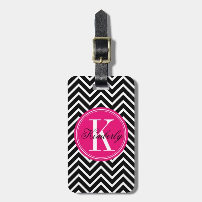 Svartvit sparre med den rosa monogramen bagagebricka (Vertikal Framsida)