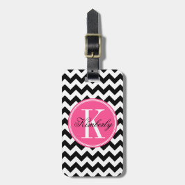 Svartvit sparre med den rosa monogramen bagagebricka