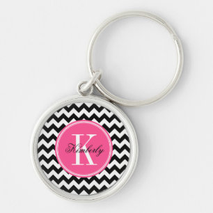 Svartvit sparre med den rosa monogramen rund silverfärgad nyckelring